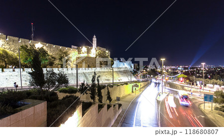Traffic at Jaffa street and Tower of David at night timelapse hyperlapse. Jerusalem, Israel 118680807