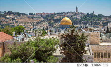 Panorama overlooking the Old city of Jerusalem timelapse, Israel, including the Dome of the Rock 118680809