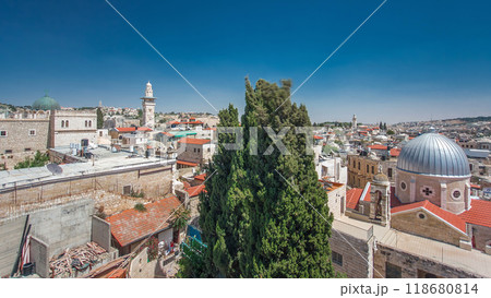 Skyline of the Old City in Jerusalem with historic buildings aerial timelapse hyperlapse, Israel. Skyline of the Old City in Jerusalem with historic buildings aerial timelapse hyperlapse, Israel. 118680814