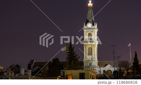 Church clock tower timelapse - Terra Santa High School in Old Jerusalem. Israel Church clock tower timelapse - Terra Santa High School in Old Jerusalem. Israel 118680816