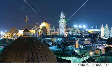 Skyline of the Old City in Jerusalem with historic buildings aerial night timelapse, Israel. Skyline of the Old City in Jerusalem with historic buildings aerial night timelapse, Israel. 118680817