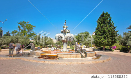 The Lions Fountain timelapse hyperlapse located in a park in the Yemin Moshe. JERUSALEM, ISRAEL 118680832