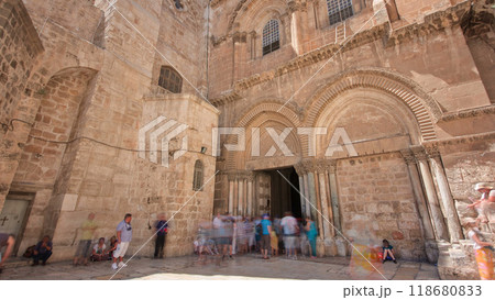 People enter to the Church of the Holy Sepulcher timelapse hyperlapse. 118680833