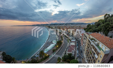 Panorama over Nice city and Mediterranean Sea aerial day to night timelapse Panorama over Nice city and Mediterranean Sea aerial day to night timelapse 118680863