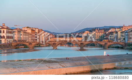 Sunset skyline timelapse view of Tuscany City, Housing, Buildings and Ponte alla Carraia and Arno River, Florence, Italy. 118680880