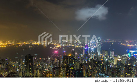 Hong Kong city skyline aerial timelapse at night with Victoria Harbor and skyscrapers 118680911
