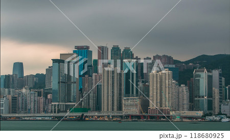 Hong Kong skyline in the morning over Victoria Harbour timelapse. Hong Kong skyline in the morning over Victoria Harbour timelapse. 118680925