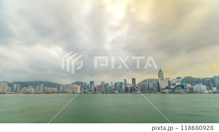 Hong Kong skyline in the morning over Victoria Harbor timelapse. 118680928