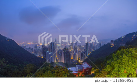 The famous view of Hong Kong from Victoria Peak night to day timelapse. 118680955
