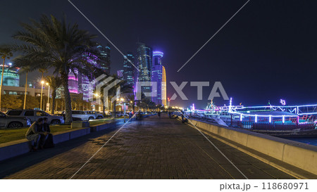 The skyline of Doha by night with starry sky seen from Corniche timelapse hyperlapse, Qatar 118680971