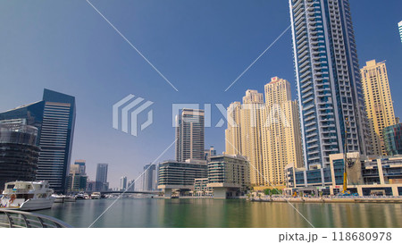 Dubai Marina skyscrapers. View from embankment timelapse hyperlapse 118680978