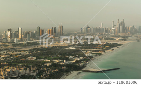 Dubai Marina Skyline at morning from helipad. United Arab Emirates timelapse 118681006