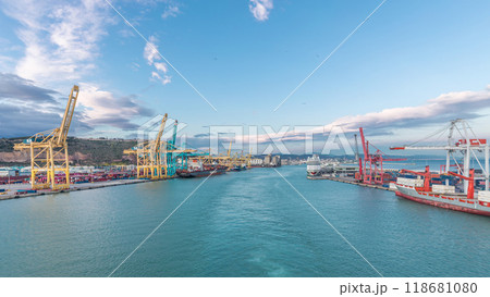 Aerial view of sea with waves and port from ship sailing in the open sea timelapse 118681080