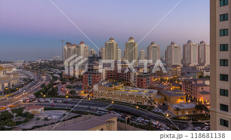 Evening at the Pearl-Qatar day to night timelapse from top. 118681138