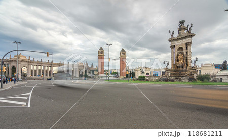 Cityscape view of Placa d'Espanya or Spain square, with the Venetian Towers timelapse hyperlapse 118681211