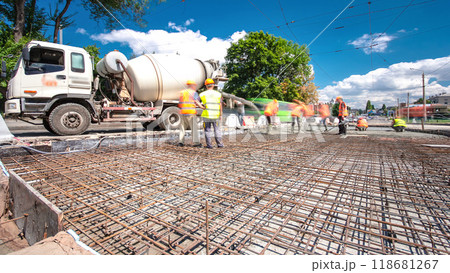 Road construction site with tram tracks repair and maintenance timelapse hyperlapse. Road construction site with tram tracks repair and maintenance timelapse hyperlapse. 118681267