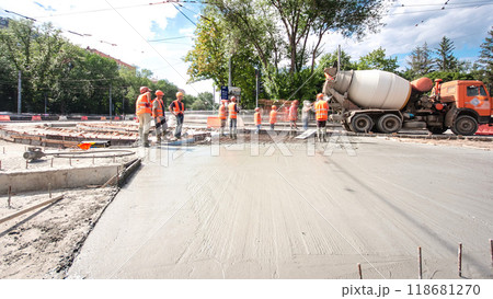 Road construction site with tram tracks repair and maintenance timelapse hyperlapse. Road construction site with tram tracks repair and maintenance timelapse hyperlapse. 118681270