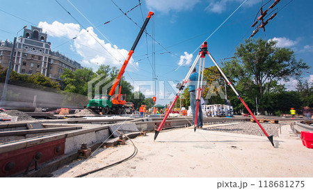 Road construction site with tram tracks repair and maintenance timelapse hyperlapse. 118681275