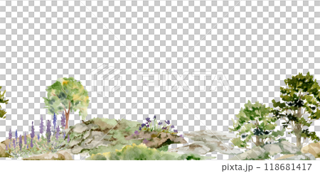 Scenery landscape of forest meadow grassland with bushes flowers, pine tree alpine vista rocks stones hand drawn in watercolor. Seamless banner for tourism, resort ads, hiking camping sites, vacation. Scenery landscape of forest meadow grassland with bushes flowers, pine tree alpine vista rocks stones hand drawn in watercolor. Seamless banner for tourism, resort ads, hiking camping sites, vacation. 118681417