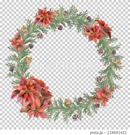 Juniper thuja conifer branches cones, poinsettia. Watercolor hand drawn illustration, wreath chaplet crown frame isolated on white. Xmas, happy new year festive, noel navidad. Florist wedding gifts Juniper thuja conifer branches cones, poinsettia. Watercolor hand drawn illustration, wreath chaplet crown frame isolated on white. Xmas, happy new year festive, noel navidad. Florist wedding gifts 118681421