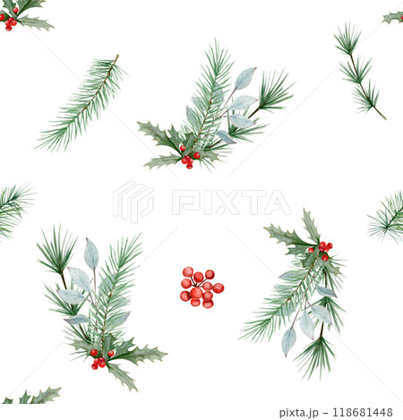 seamless watercolor pattern with a bouquet of spruce and pine branches, holly tree and red berries on a white background seamless watercolor pattern with a bouquet of spruce and pine branches, holly tree and red berries on a white background 118681448