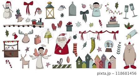 Big Christmas and new year collection. Holiday bundle of traditional decor. Santa Claus and Angel characters. a lot of winter cozy items Big Christmas and new year collection. Holiday bundle of traditional decor. Santa Claus and Angel characters. a lot of winter cozy items 118681456