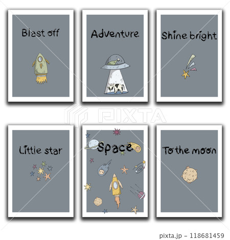 nursery set of posters. space for kids. pastel colors greeting cards nursery set of posters. space for kids. pastel colors greeting cards 118681459