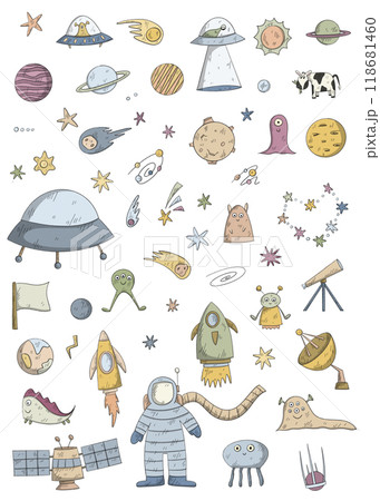 space and solar system big bundle. planets, asteroids, spaceship, moon, astronaut and aliens 118681460