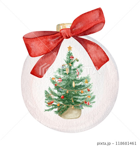 Watercolor illustration with glass Christmas ball decorated with Chritmas tree and bow on white background Watercolor illustration with glass Christmas ball decorated with Chritmas tree and bow on white background 118681461