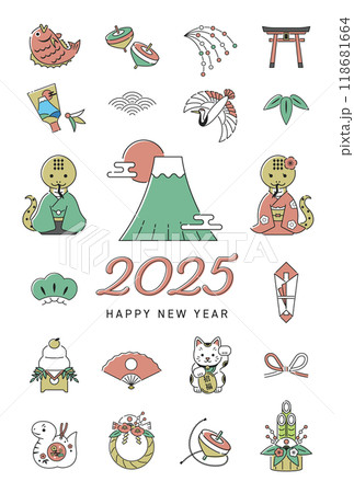 2025 巳年 年賀状 巳の夫婦と富士山、正月飾りの線画アイコン / 縦 / へび, 2025 巳年 年賀状 巳の夫婦と富士山、正月飾りの線画アイコン / 縦 / へび, 118681664