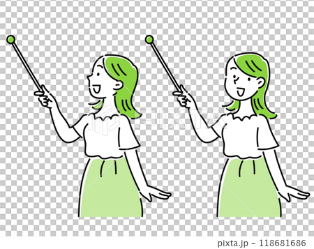 A smiling young woman wearing a skirt explaining with a pointer 118681686
