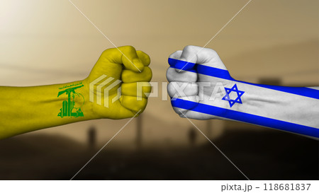Israel against Hezbollah, two colored fists representing the two groups facing off 118681837