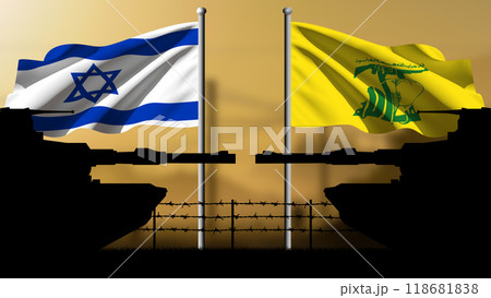Israel against Hezbollah, two tank silhouettes facing each other with their respective flags on top Israel against Hezbollah, two tank silhouettes facing each other with their respective flags on top 118681838