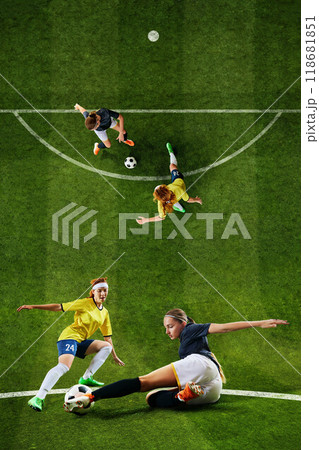 Soccer. Field is alive with action as players fight for control. Perfectly timed passes and skilled tackles make for fierce and dynamic soccer match. Soccer. Field is alive with action as players fight for control. Perfectly timed passes and skilled tackles make for fierce and dynamic soccer match. 118681851