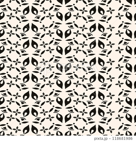 Simple minimalist floral pattern. Minimal seamless texture with small flower shapes. Abstract black and white geometric background. For print, package Simple minimalist floral pattern. Minimal seamless texture with small flower shapes. Abstract black and white geometric background. For print, package 118681986