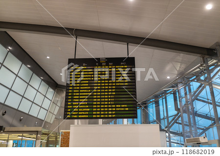 Digital arrival and departure board at contemporary airport in Spain Digital arrival and departure board at contemporary airport in Spain 118682019