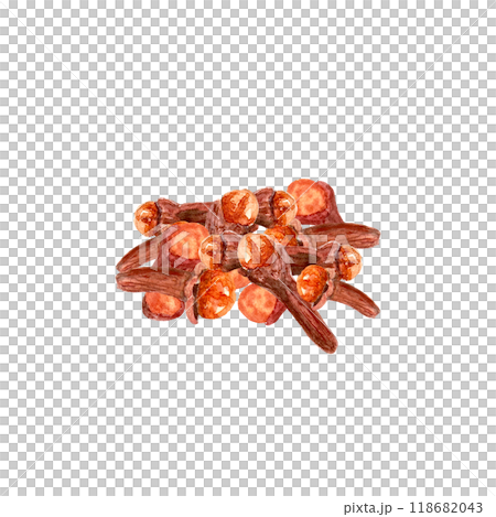 Clove spice heap illustration composition watercolor isolated on white background, hand drawn for food design. Great for spice box, restaurant, cafe menu, recipes, natural organic food ads and label Clove spice heap illustration composition watercolor isolated on white background, hand drawn for food design. Great for spice box, restaurant, cafe menu, recipes, natural organic food ads and label 118682043