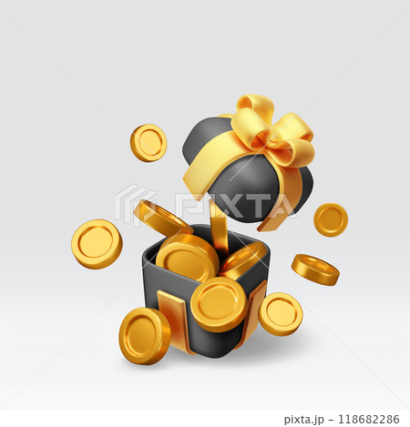 3D black open gift box full of gold coins 118682286