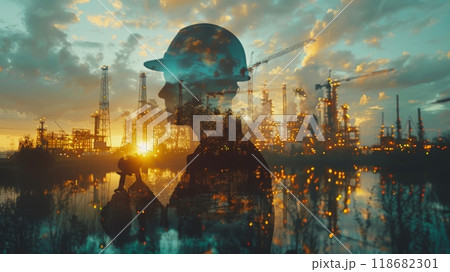 Double exposure of an engineer wearing a helmet at an oil production plant, in the style of double exposure photography, front view, in a futuristic style 118682301