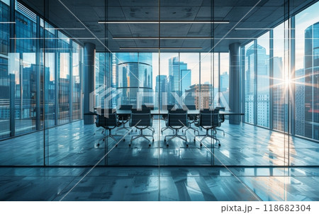 Modern business meeting room interior with a glass wall and city view. Professional office with a conference table for employees in the style of a skyscraper. Modern business meeting room interior with a glass wall and city view. Professional office with a conference table for employees in the style of a skyscraper. 118682304