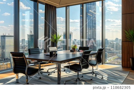 Modern business meeting room interior with a glass wall and city view. Professional office with a conference table for employees in the style of a skyscraper. 118682305