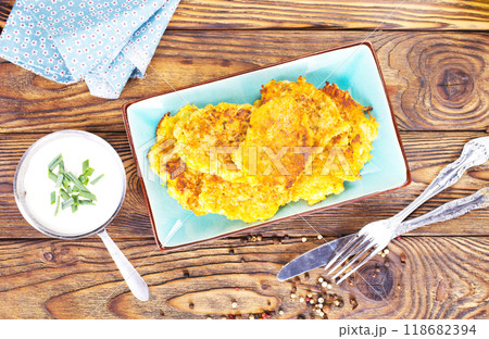 pancakes from potato on blue plate. 118682394