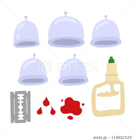 Illustration set of hijama items doodle flat style. Traditional cupping therapy concept 118682529