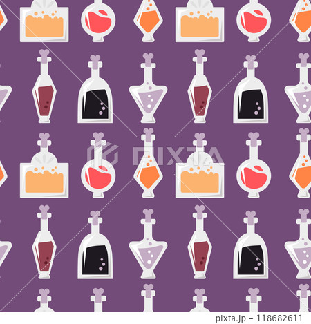 Seamless pattern with cute cartoon potions in bottles of different shapes. Halloween, witchcraft violet background for print, fabric, wrapping paper. Vector illustration. 118682611