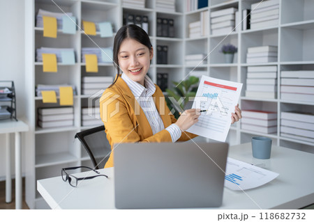 business woman using computer laptop meetings conference to plan a marketing strategy for finance meeting aiming to align financial goals with market opportunities business woman using computer laptop meetings conference to plan a marketing strategy for finance meeting aiming to align financial goals with market opportunities 118682732
