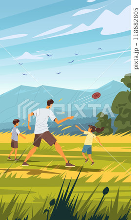 Family playing frisbee in open field with mountains background vibrant colors birds in sky father and children enjoying outdoor activity summer landscape Family playing frisbee in open field with mountains background vibrant colors birds in sky father and children enjoying outdoor activity summer landscape 118682805