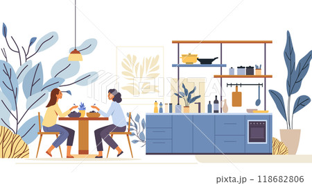 Two women dining modern kitchen plants. Detailed kitchen interior with two women eating at a table surrounded by plants and kitchenware Two women dining modern kitchen plants. Detailed kitchen interior with two women eating at a table surrounded by plants and kitchenware 118682806