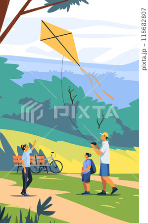 Family flying kite in park nature scene with trees people enjoying outdoor activity colorful landscape Family flying kite in park nature scene with trees people enjoying outdoor activity colorful landscape 118682807