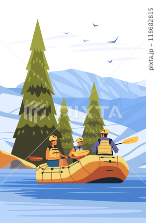 Rafting adventure in mountain river with pine trees and snow-capped peaks people in raft wearing safety gear paddling blue water scenic nature 118682815
