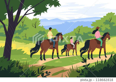 Horse riding in scenic nature trail. Three people riding horses on a dirt path surrounded by lush green trees and hills under a clear sky 118682818